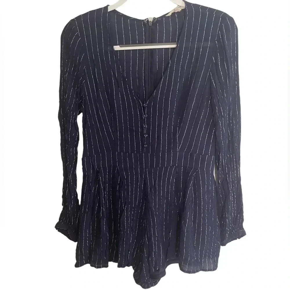 ☀️One the Land Women’s Blue with Metallic Stripes Romper